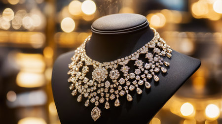 This stunning diamond necklace is showcased elegantly in a luxurious jewelry store, highlighting its exquisite design and brilliant sparkle, perfect for special occasions.の素材