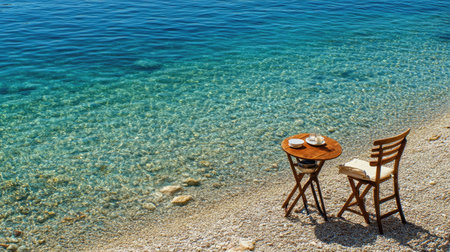 A tranquil beachside scene featuring a wooden table set with light refreshments, overlooking clear turquoise water and smooth stones, perfect for relaxation.の素材