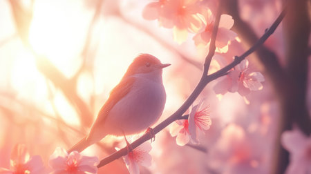 A serene bird perched gracefully on a cherry blossom branch, surrounded by soft light and delicate pink petals, capturing the essence of spring's beauty and tranquility.の素材
