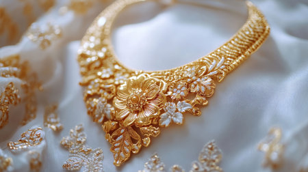 A stunning close-up of an exquisite gold necklace with intricate floral designs, beautifully displayed on elegant fabric, showcasing fine craftsmanship and luxurious details.の素材