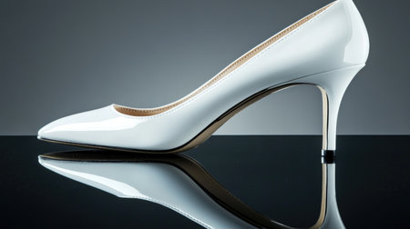 This image features an elegant white high heel shoe displayed on a reflective surface, highlighting its glossy finish and sophisticated design. Ideal for fashion-related content.の素材