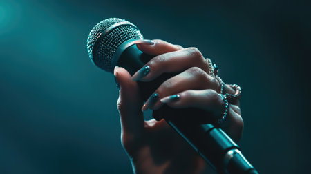 A close-up image of a hand gripping a microphone showcases intricate nail art and jewelry, highlighting the passion of performance in a dramatic setting.の素材