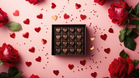 A beautifully arranged chocolate heart box surrounded by vibrant red roses and charming heart symbols. Perfect for celebrating love and affection.の素材