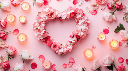 A stunning heart-shaped floral arrangement made of pink roses and blooms surrounded by soft petals and flickering candles, evoking romance and tranquility.の素材