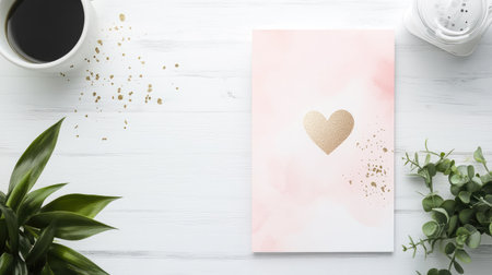 A soft pink and gold heart note card positioned on a bright desk. Surrounded by greenery and coffee, this arrangement evokes warmth and creativity, perfect for any sentimental occasion.の素材