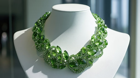 This elegant green necklace is beautifully displayed on a mannequin, showcasing its intricate design and vibrant colors under bright light.の素材