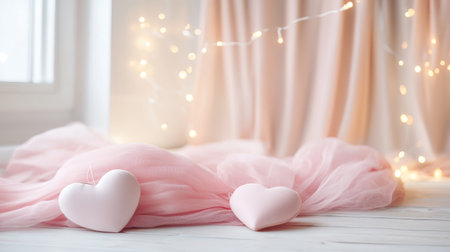 A serene composition featuring soft pink heart shapes placed on delicate fabric, enhanced by twinkling lights in the background, creating a warm and romantic atmosphere.の素材
