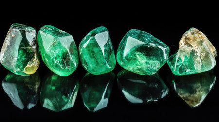 Stunning display of vibrant green emerald stones showcasing their natural beauty and clarity against a sleek black background, perfect for jewelry design.の素材