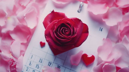 A stunning arrangement featuring a red rose atop a heart-shaped decoration on a calendar page, surrounded by soft petals, perfect for expressing love.の素材