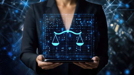 A professional figure holds a digital representation of scales, symbolizing justice and balance. This futuristic image highlights technology in the legal field.の素材