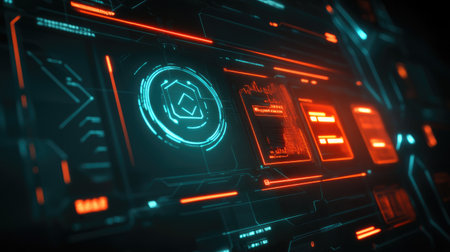 Explore a captivating futuristic digital interface featuring neon blue and orange elements. This abstract design represents technological innovation and data flow.の素材