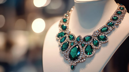 This stunning emerald and diamond necklace features intricate craftsmanship and exquisite design, perfect for glamour and special occasions in fashion.の素材