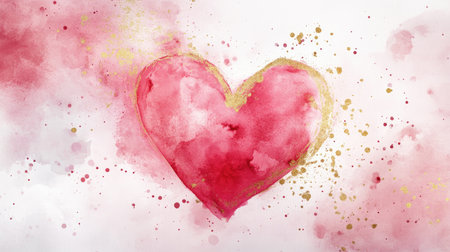 A vibrant watercolor heart, adorned with delicate gold accents, radiates love and warmth against a soft background. Perfect for romantic themes.の素材