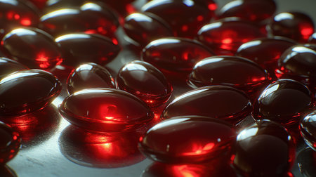 A captivating close-up of red gel capsules glowing on a reflective surface, showcasing their vibrant color and smooth texture, ideal for health-related imagery.の素材