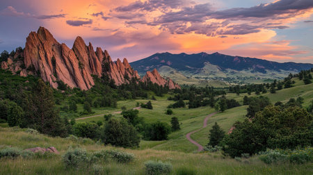 A breathtaking sunset casts vibrant colors over unique rock formations in a serene landscape. Lush greenery and distant mountains create a picturesque view, perfect for nature lovers.の素材