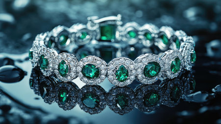 Stunning emerald and diamond bracelet showcases exquisite craftsmanship and elegance. The vibrant green gemstones create a striking contrast against the diamond accents, reflected beautifully in water.の素材