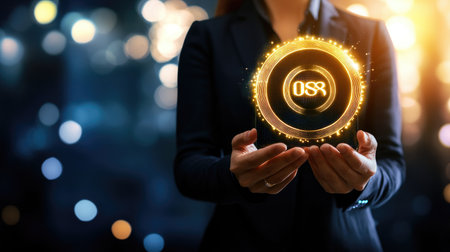A business professional holds a glowing circular symbol surrounded by sparkles in a dark environment, symbolizing innovation and success in technology.の素材