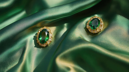 Discover stunning green gemstone earrings resting on luxurious fabric, showcasing elegance and charm. Perfect for special occasions and fashion statements.の素材