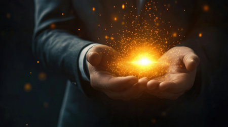 A pair of hands cradles a glowing orb of light, symbolizing hope and innovation. The warm tones and sparkling effects create a magical atmosphere inspiring creativity and possibility.の素材