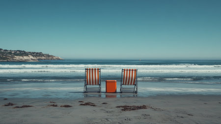 A peaceful beach scene featuring two striped chairs and a cooler facing the gentle ocean waves. The tranquility of the horizon creates a perfect vacation retreat.の素材