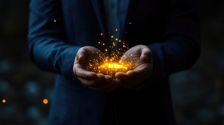 A pair of hands holds a glowing light with a digital time display, symbolizing hope, potential, and the magic of time in a serene, natural setting.の素材