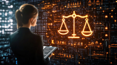 A professional individual engages with digital legal scales in a modern workspace. The interface blends law and technology, symbolizing innovation in the legal field.の素材