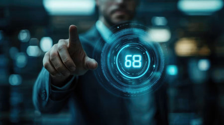 A businessman interacts with a futuristic digital interface, showcasing human connection with technology. Numbers and analytics represent modern business solutions.の素材