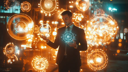 A businessman stands confidently amid glowing digital holograms, embodying the spirit of innovation and technology. This image represents modern business dynamics.の素材