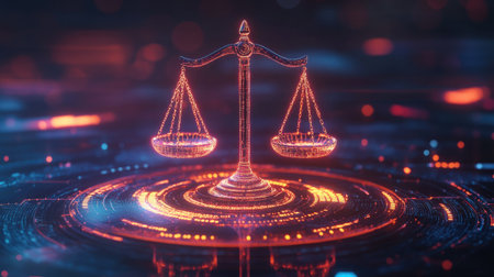 This vivid digital illustration showcases scales of justice in a futuristic neon style, symbolizing fairness and balance in society amidst a vibrant, glowing backdrop.の素材