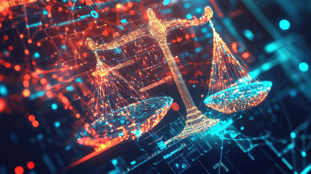 Illustrative representation of justice scales integrated with digital elements, symbolizing the intersection of law and technology, showcasing innovation in legal systems.の素材
