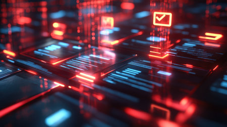 A captivating futuristic digital interface showcasing red and blue glowing elements that create an abstract visual representation of technology and data processing.の素材