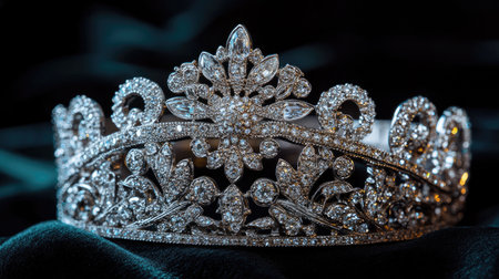 This stunning crown features intricate floral designs adorned with sparkling diamonds, highlighting luxury and elegance, perfect for formal events and celebrations.の素材