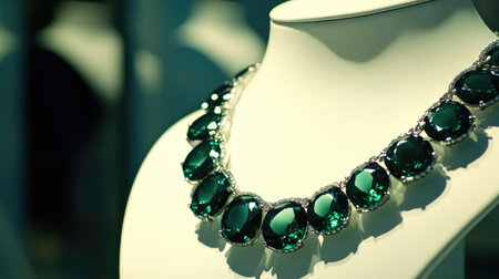 This photo features an exquisite green stone necklace elegantly displayed in a boutique, showcasing its beauty and intricate design in vibrant lighting.の素材