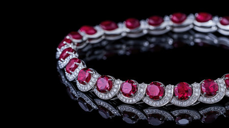 This striking ruby necklace features exquisite diamonds, presented elegantly against a dark reflective surface, capturing the essence of luxury and sophistication.の素材