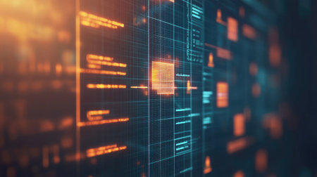 This captivating abstract digital background showcases vibrant data patterns with glowing elements, perfect for illustrating technology and innovation themes.の素材