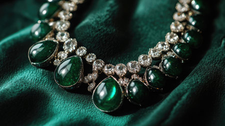 Close-up view of an exquisite green necklace featuring elegant emerald and diamond stones. The piece reflects luxury and timeless beauty on soft fabric.の素材