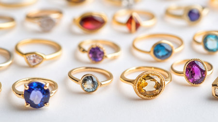 Explore a stunning array of elegant gold rings adorned with vibrant gemstones, showcasing exquisite craftsmanship and timeless beauty perfect for any occasion.の素材