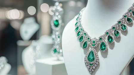 A stunning green gem and diamond necklace elegantly displayed on a mannequin, capturing the essence of luxury and exquisite craftsmanship in jewelry design.の素材