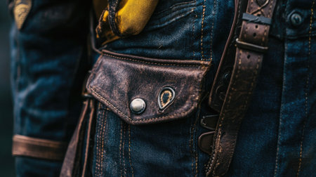 Detailed close-up of a vintage leather pocket on denim work pants, showcasing craftsmanship and texture. Perfect for fashion, apparel, or rustic lifestyle themes.の素材