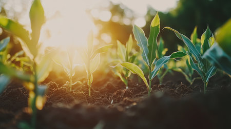 Early morning scene featuring young corn plants emerging from rich soil, bathed in warm sunlight, illustrating the promise of a fruitful harvest.の素材