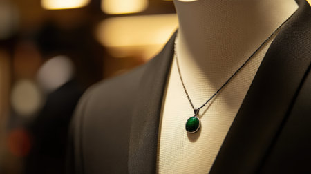 This image features an elegant green pendant necklace showcased on a mannequin in a jewelry store. The sophisticated design highlights luxury and charm.の素材