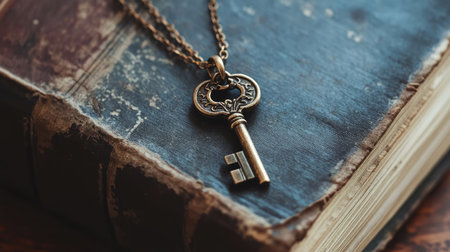 A vintage key rests elegantly on an antique book, highlighting the beauty of history and craftsmanship. The rustic background enhances the nostalgic charm.の素材
