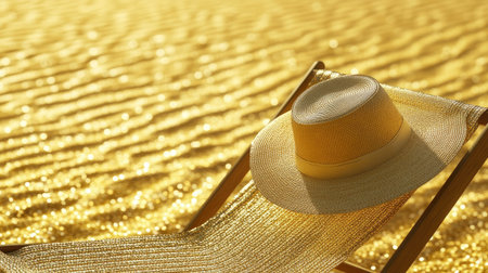 A cozy beach hat rests on a golden sandy shore, glistening under the sunlight. This image captures the essence of summer relaxation and tranquility by the sea.の素材