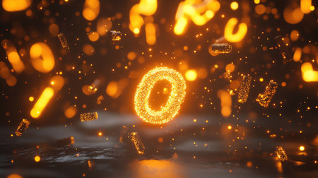 An enchanting scene featuring glowing orange letters floating amidst dark space. Sparkling particles create a magical atmosphere ideal for creative and modern designs.の素材