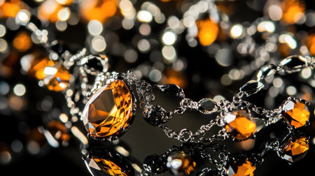 Stunning close-up of an elegant jewelry piece featuring vibrant orange gemstones against a shimmering backdrop. Perfect for fashion and luxury themes.の素材