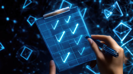 A futuristic digital checklist on a clipboard illuminated with glowing blue elements, symbolizing verification and progress in technology and management.の素材