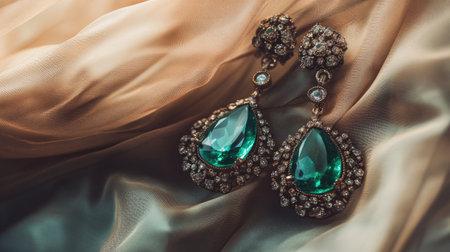 Discover elegant vintage earrings featuring striking green gemstones and intricate detailing, beautifully displayed against a soft, flowing fabric backdrop.の素材