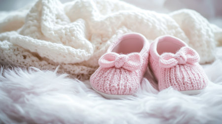 Adorable soft pink baby booties resting on a cozy white blanket, showcasing gentle textures and warmth. Ideal for baby photography or nursery decor.の素材