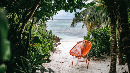A serene beachfront scene featuring a vibrant orange chair nestled among lush greenery, inviting relaxation and escape amidst the tranquil nature.の素材