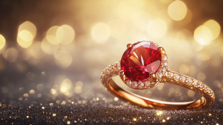 This stunning gold ring features a brilliant red gemstone surrounded by sparkling details. Perfect for showcasing elegance and luxury in jewelry design.の素材